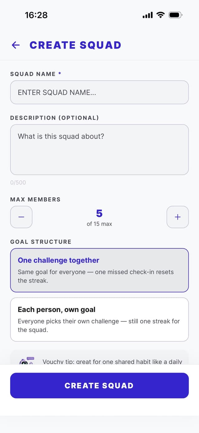 Vouch create squad screen